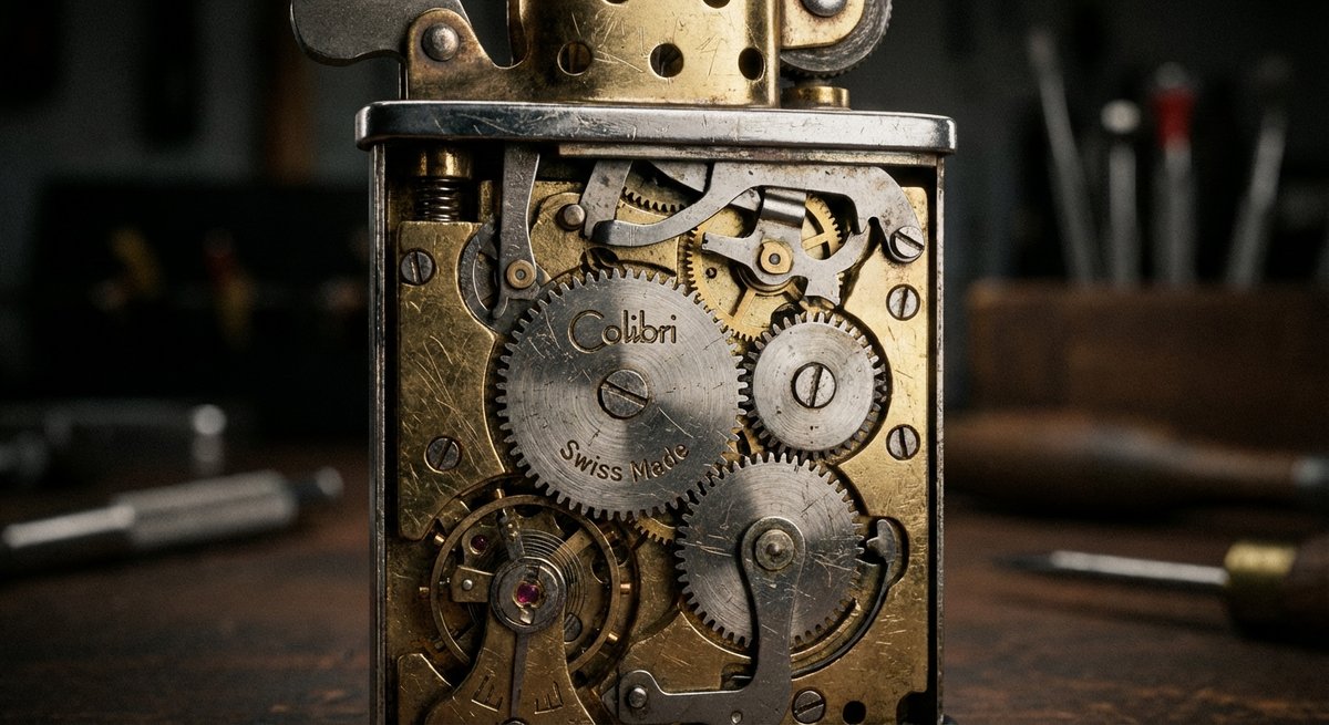 Dettaglio meccanismo accendino Colibri vintage
